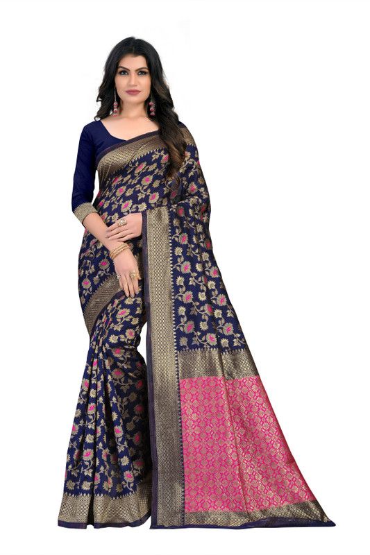Floral Print Banarasi Jacquard Saree  (Dark Blue)