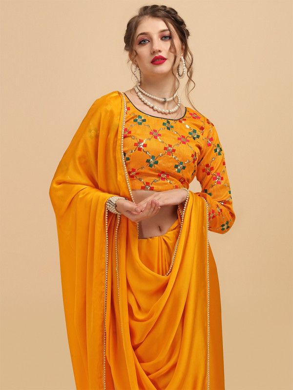 Embellished Fashion Satin Saree  (Mustard)