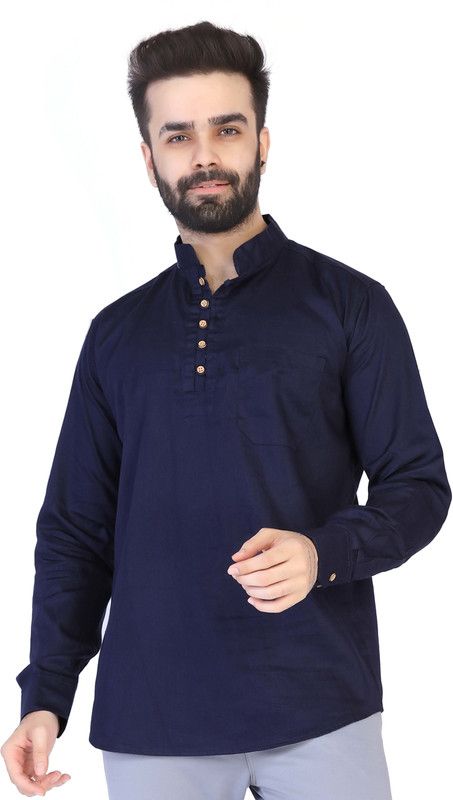 Men Applique Pure Cotton Ethnic Dress  (Dark Blue)