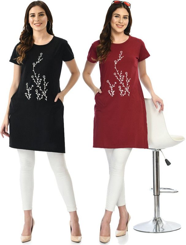 Pack of 2 Casual Cap Sleeves Printed Women Maroon, Black Top