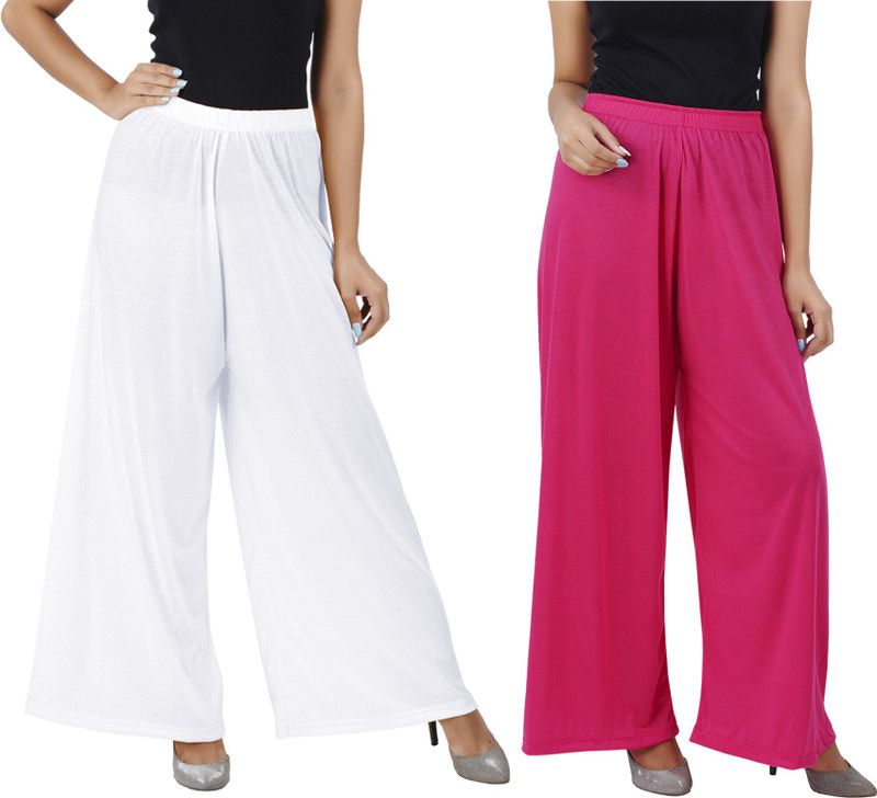 Pack of 2 Women Flared White, Pink Cotton Blend Trousers