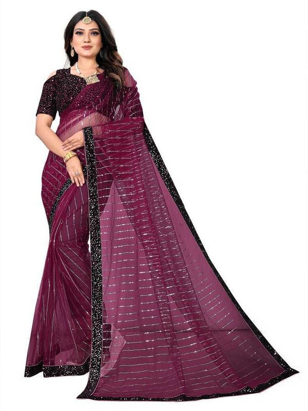 Striped, Embellished Bollywood Net Saree  (Purple)