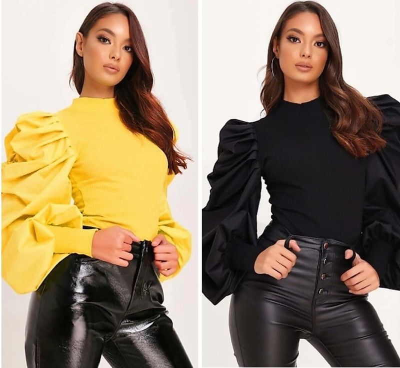 Pack of 2 Casual Puff Sleeves Solid Women Black, Light Green Top