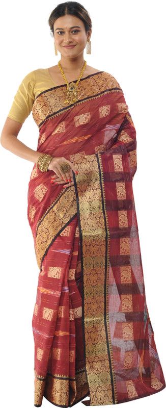 Woven Tant Cotton Silk Saree  (Maroon)