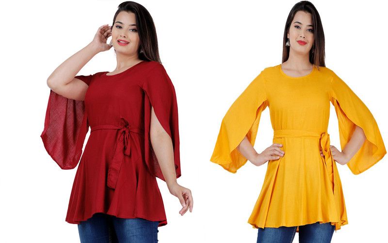Pack of 2 Casual Flutter Sleeves Solid Women Maroon, Yellow Top