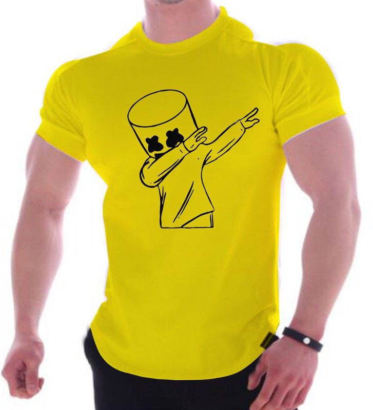 Marshmello2-HF13-Y-XL Men Printed Round Neck Pure Cotton Yellow T-Shirt