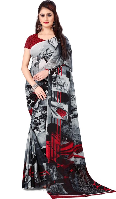Printed, Geometric Print, Floral Print Daily Wear Georgette Saree  (Grey)
