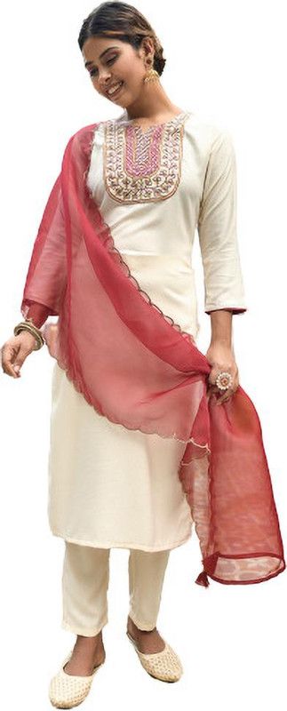 Women Embroidered Viscose Rayon A-line Kurta With Attached Dupatta  (White)
