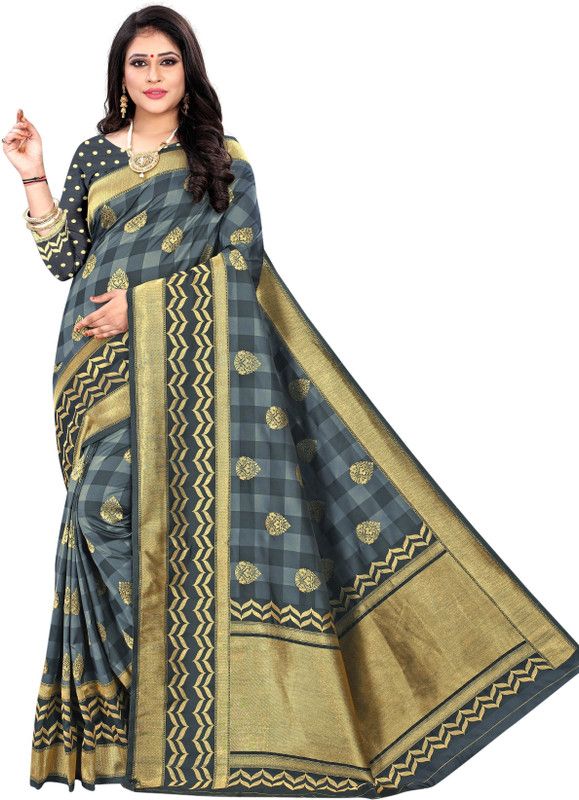 Checkered Kalamkari Silk Blend Saree  (Grey)