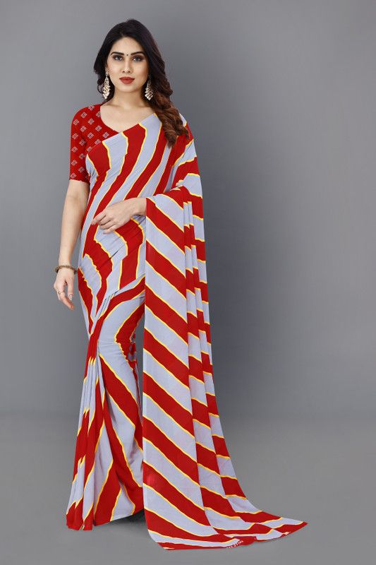 Striped Fashion Georgette Saree  (Red, Grey)