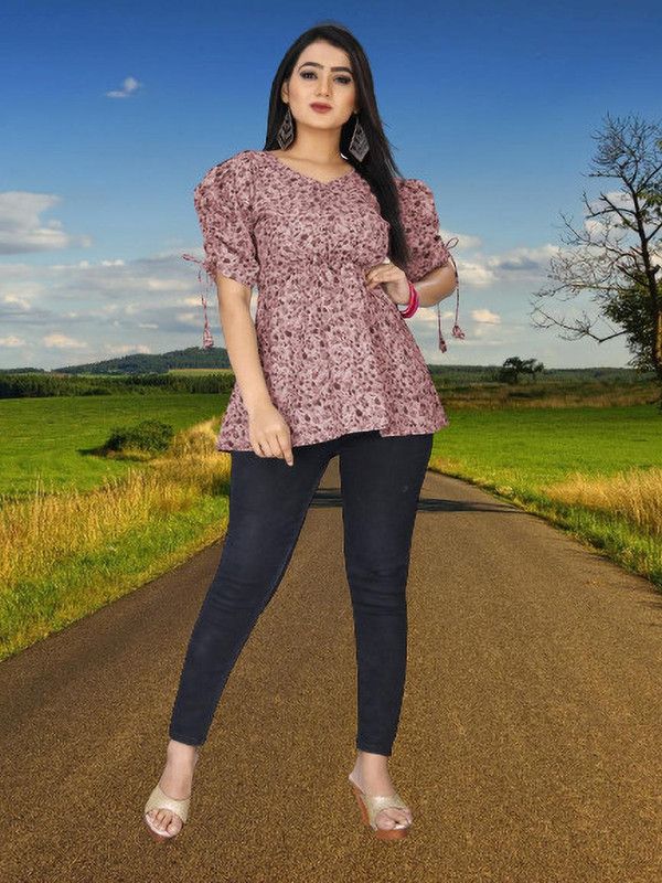 Casual Bell Sleeves Printed Women Purple Top