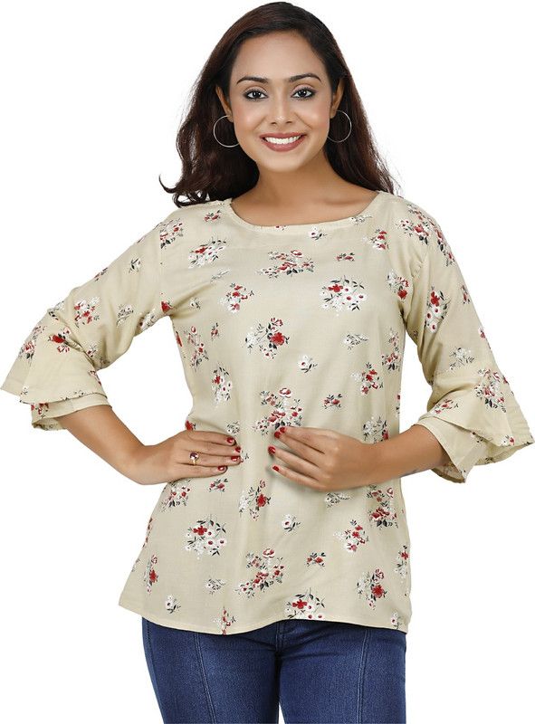 Casual Bell Sleeves Printed Women Beige Top