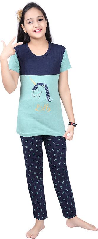 Girls Casual T-shirt Pant  (Light Green)