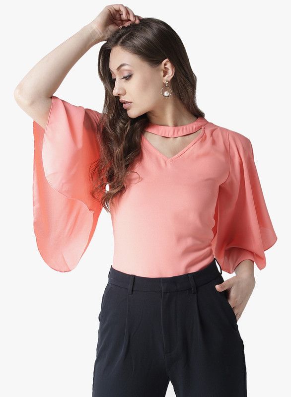 Party Flared Sleeves Solid Women Pink Top