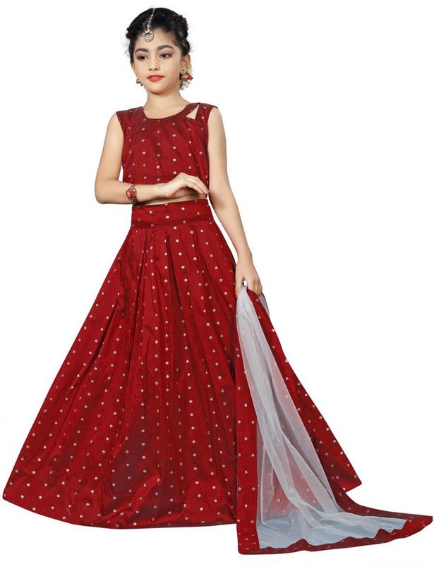 Girls Lehenga Choli Ethnic Wear Self Design Lehenga, Choli and Dupatta Set  (Maroon, Pack of 1)