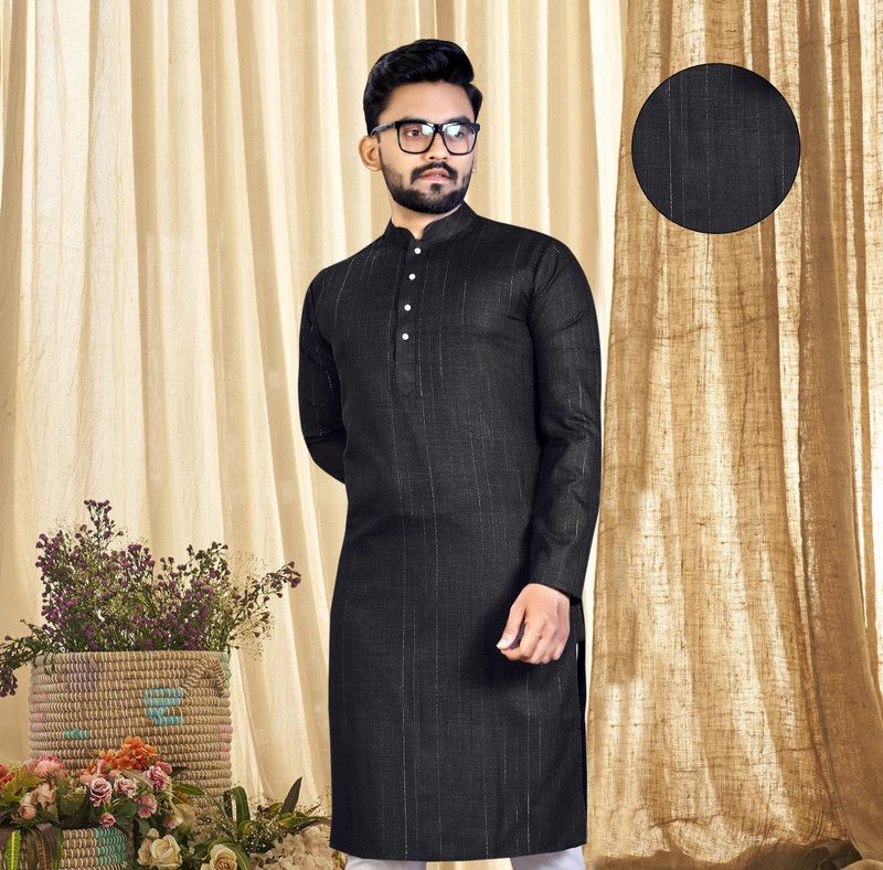 Men Embellished Cotton Blend Straight Kurta  (Black)