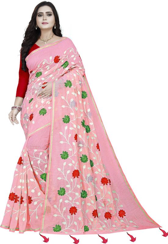 Embroidered Chanderi Cotton Blend Saree  (Multicolor)
