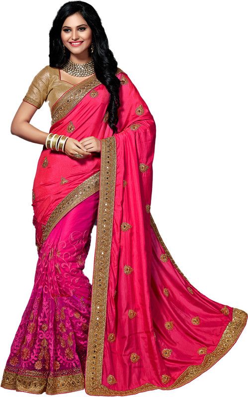 Embellished Bollywood Silk Blend, Net Saree  (Pink)