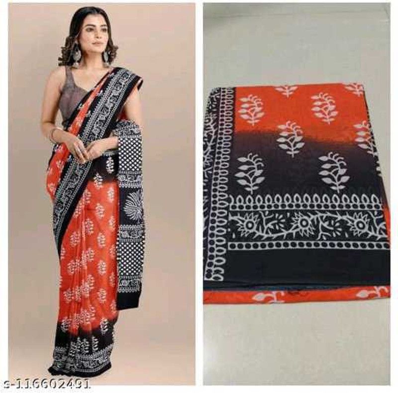 Printed Bollywood Pure Cotton Saree  (Orange)