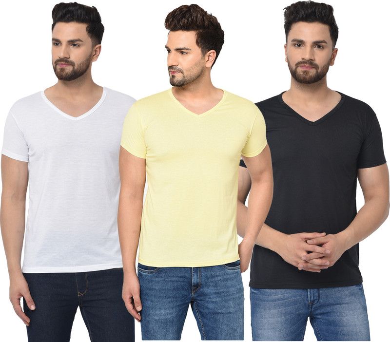 Pack of 3 Men Solid V Neck Cotton Blend White, Black, Yellow T-Shirt