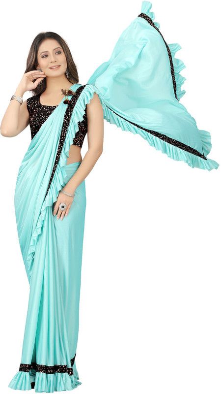 Solid, Embellished Fashion Lycra Blend Saree  (Light Blue, Black)