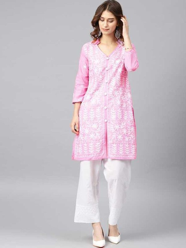 Women Embroidered Cotton Blend Straight Kurta  (Pink)