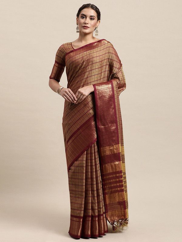 Woven Chettinadu Cotton Silk Saree  (Maroon)