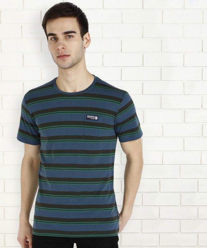 Men Striped Round Neck Cotton Blend Dark Green T-Shirt