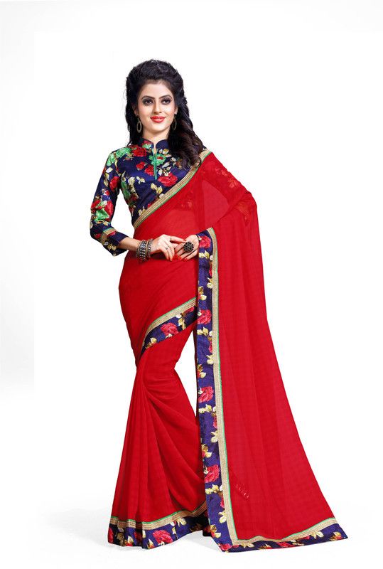 Printed, Solid/Plain Bollywood Georgette Saree  (Red)