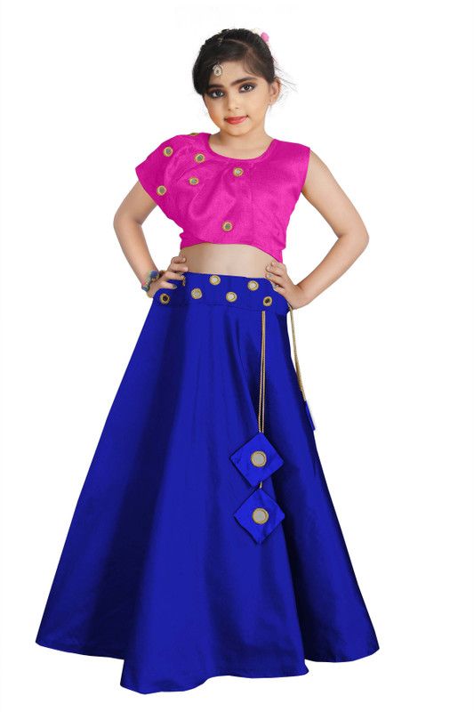 Solid Stitched Lehenga & Crop Top  (Pink, Blue)