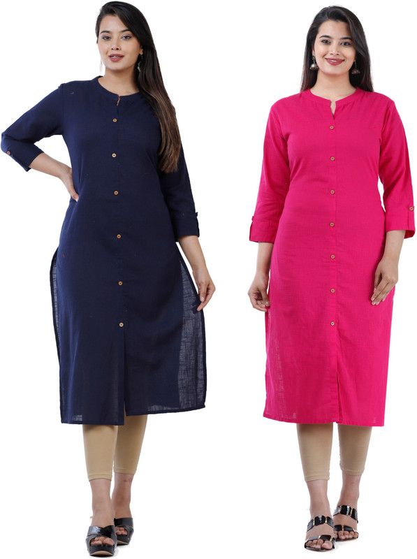 Pack of 2 Women Solid Pure Cotton Straight Kurta  (Dark Blue, Pink)