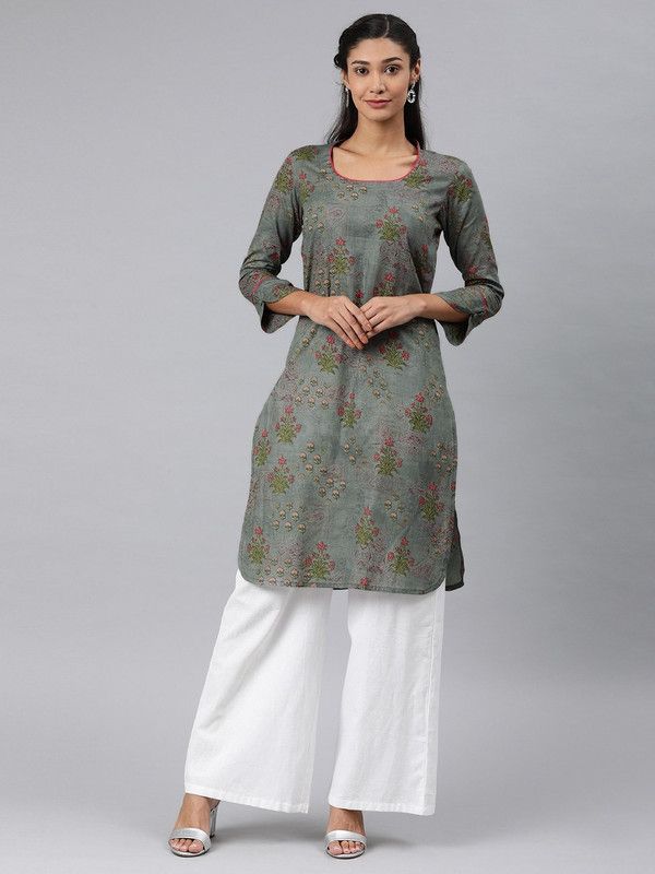 Women Printed Cotton Blend Straight Kurta  (Pink, Grey)