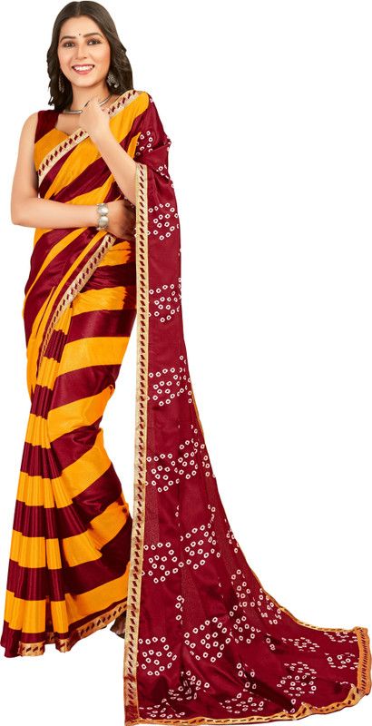 Embellished, Striped, Geometric Print Bandhani Silk Blend Saree  (Multicolor)