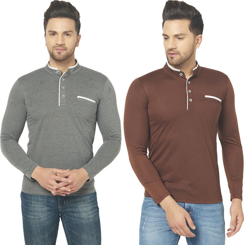 Pack of 2 Men Solid Henley Neck Cotton Blend Brown, Grey T-Shirt