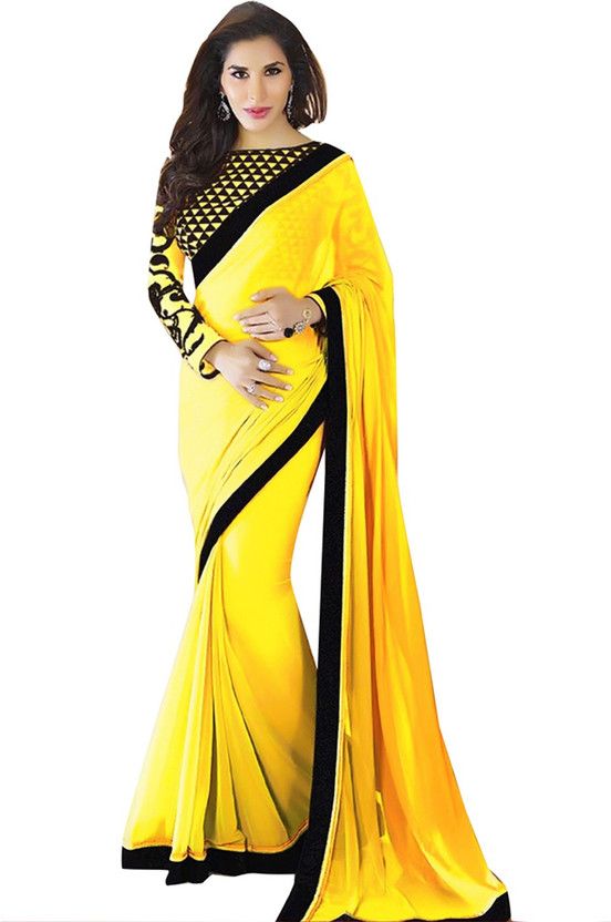Printed Bollywood Handloom Georgette Saree  (Black, Yellow)