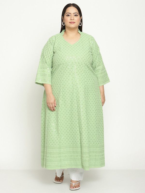 Women Embroidered Pure Cotton Anarkali Kurta  (Light Green)