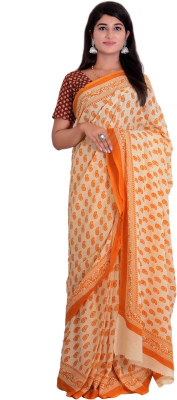 Printed Ikkat Cotton Blend Saree  (Orange)
