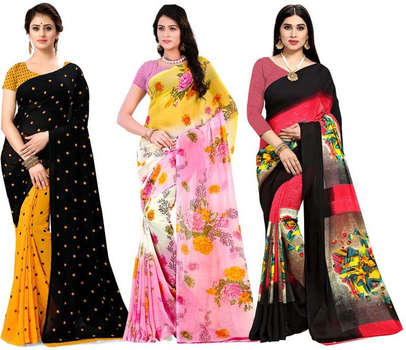 Polka Print Bollywood Georgette Saree  (Pack of 3, Multicolor)