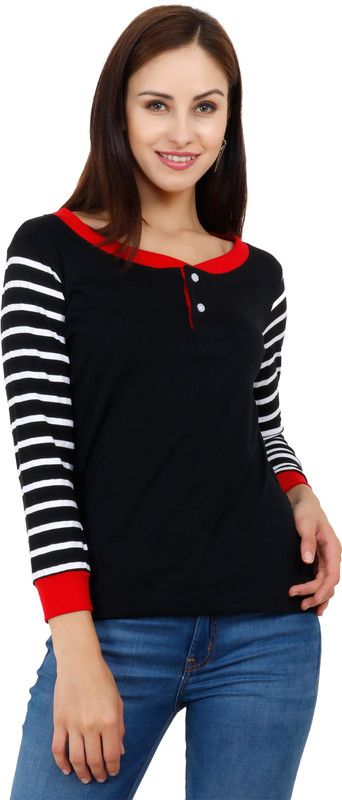 Rodrick women Sleeve's Striped T-shirt Women Striped, Solid Henley Neck Cotton Blend White, Black T-Shirt