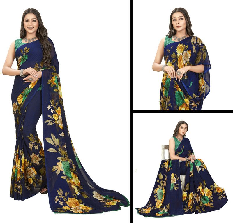Floral Print Daily Wear Georgette Saree  (Dark Blue)