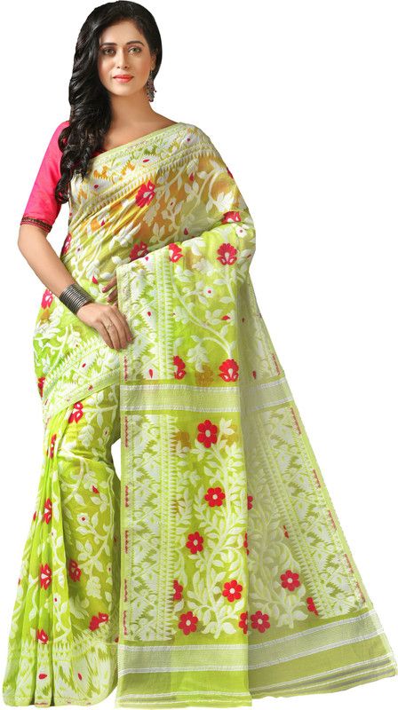 Woven Jamdani Cotton Blend Saree  (Green)