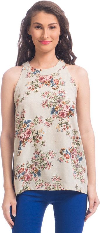 Party Sleeveless Floral Print Women Beige Top