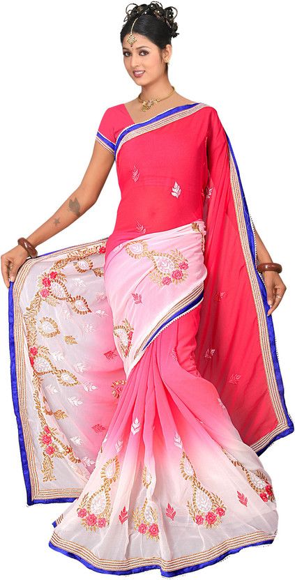 Embroidered Bollywood Georgette Saree  (Red, White)
