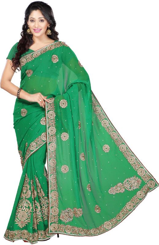 Embroidered Bollywood Art Silk Saree  (Green, Gold)