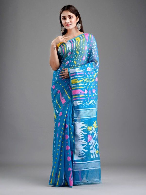 Self Design Jamdani Cotton Silk Saree  (Light Blue, White)