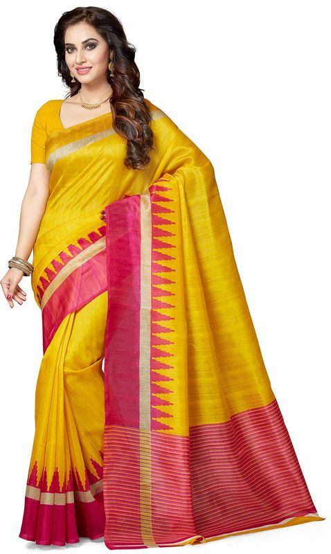 Printed, Temple Border Bollywood Art Silk Saree  (Yellow)