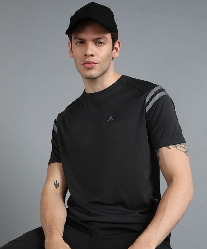 Men Striped Round Neck Polyester Grey T-Shirt