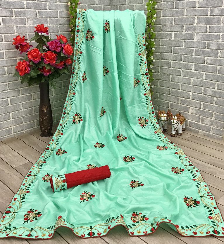Embroidered Daily Wear Silk Blend Saree  (Light Green)