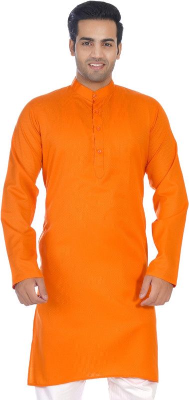 Men Woven Design Cotton Blend Straight Kurta  (Orange)