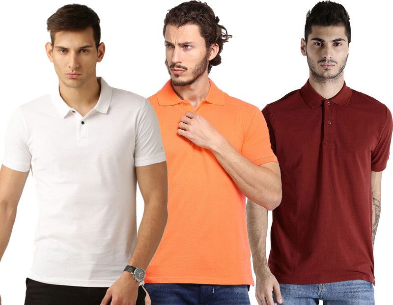 Pack of 3 Men Solid Polo Neck Cotton Blend White, Maroon, Orange T-Shirt